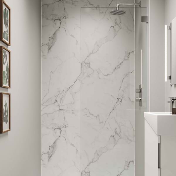 Dove Grey Bathroom wall panels Neutrals Collection paired with Calacatta Marble from the Linda Barker Collection in a shower room