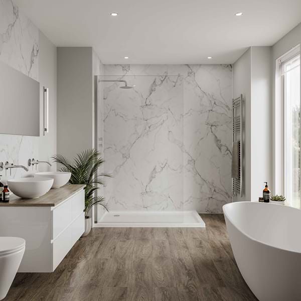 Dove Grey Bathroom wall panels Neutrals Collection paired with Calacatta Marble from the Linda Barker Collection in a large bathroom