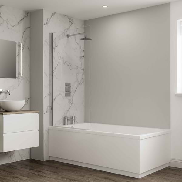 Dove Grey Bathroom wall panels Neutrals Collection paired with Calacatta Marble from the Linda Barker Collection in a family bathroom