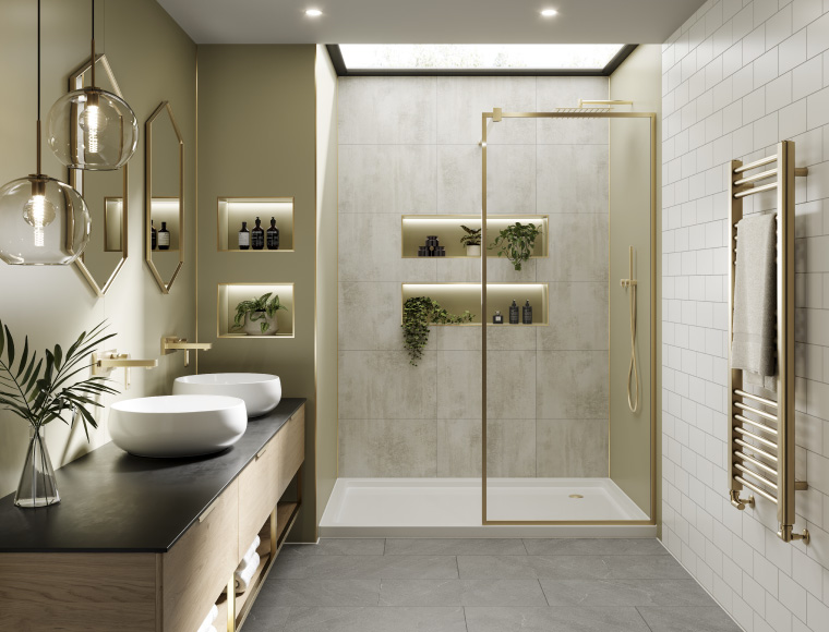 bathroom with sage green design and marble effect shower wall panels