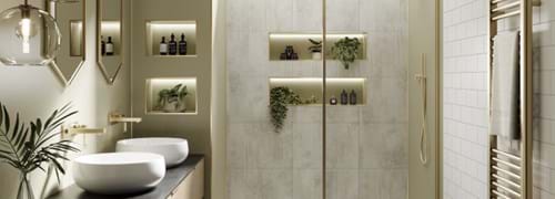bathroom with sage green design and marble effect shower wall panels