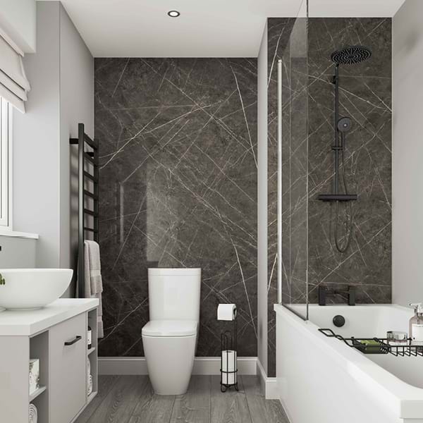 Dove Grey Bathroom wall panels Neutrals Collection paired with Ferro Graphite from the Linda Barker Collection in a family bathroom